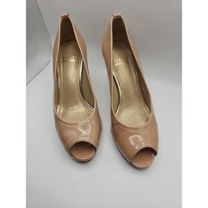 Stuart Weitzman Baton Adobe Aniline Nude Size 5.5  peep toe shoes 4.5 inch heel
